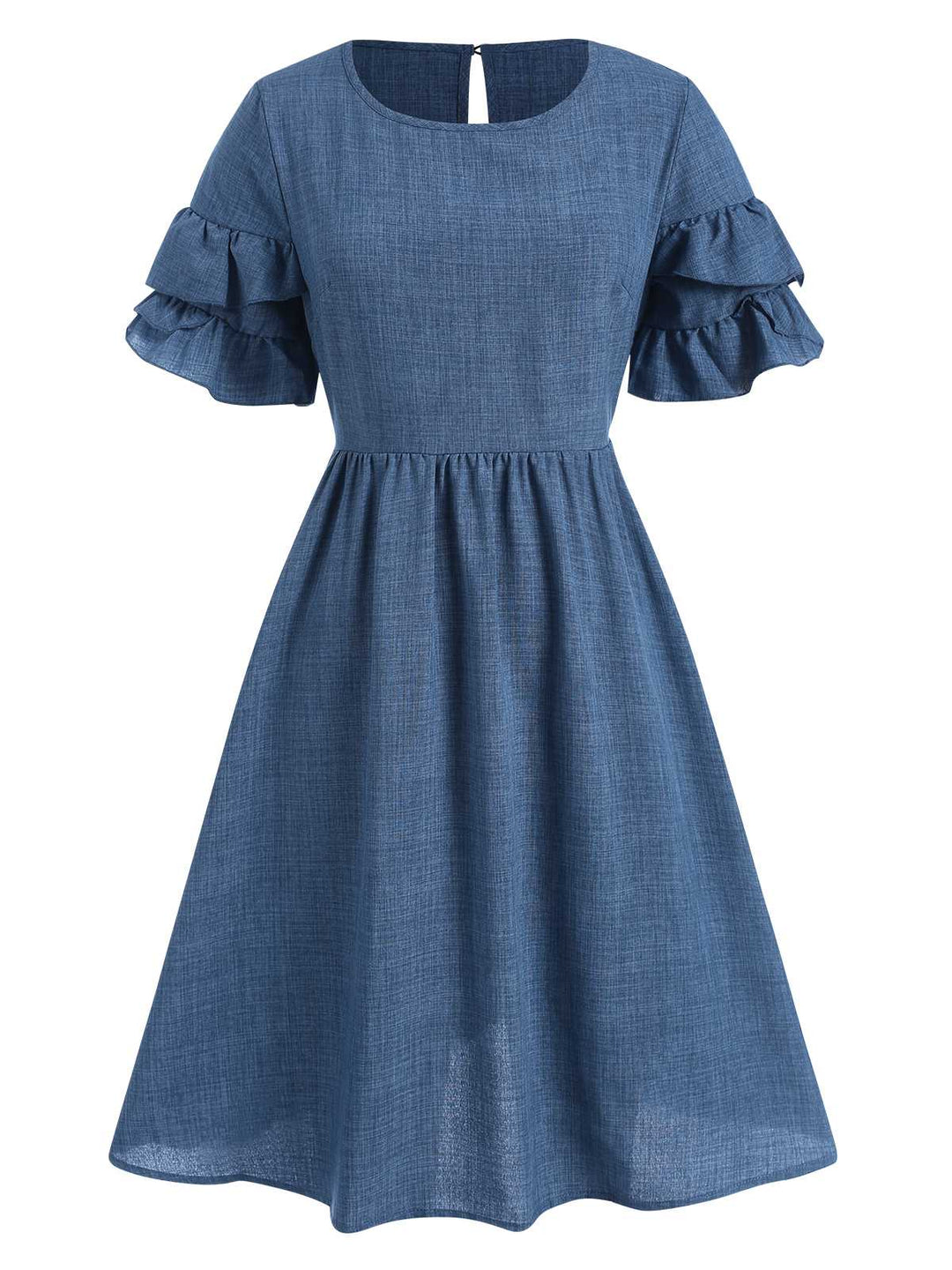 She slips into this Blue 1940s Layered Ruffle Sleeve A-Line Dress and suddenly it&
