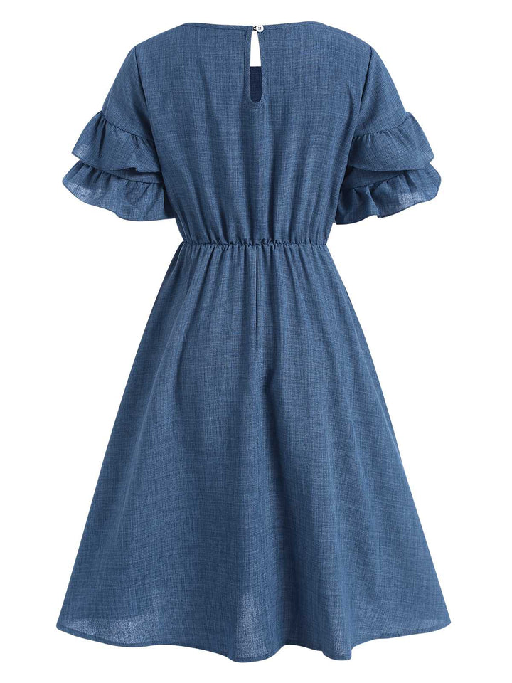 Blue 1940s Layered Ruffle Sleeve A-Line Dress: where 1940s romance meets her modern spirit
