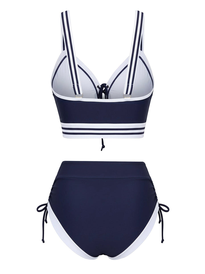 Blue 1940s Nautical Striped Lace-Up Bikini Set - vintage fashion, retro style