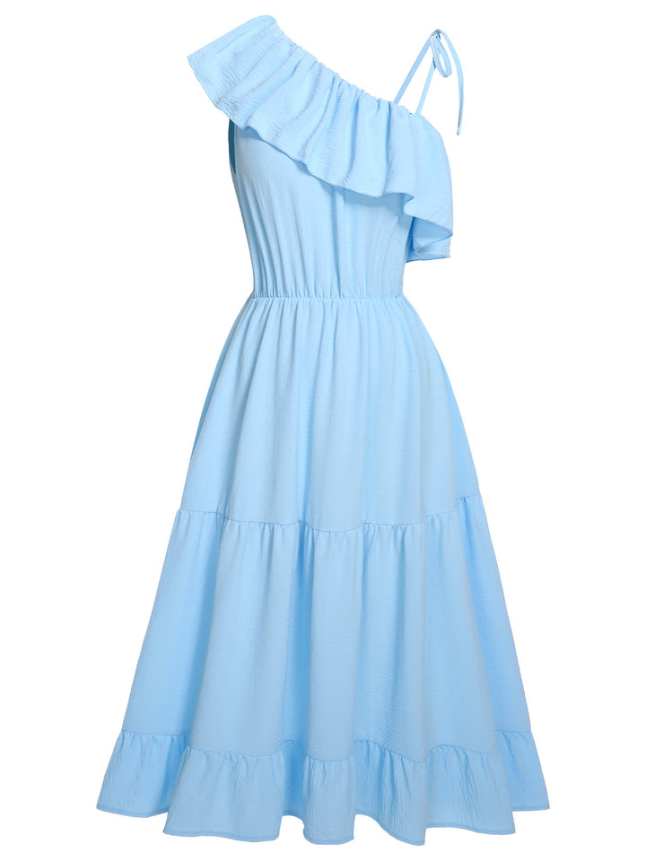 Blue 1940s One-Shoulder Sleeveless Ruffles Dress, vintage dress, retro fashion - perfect for women who love vintage and retro fashion