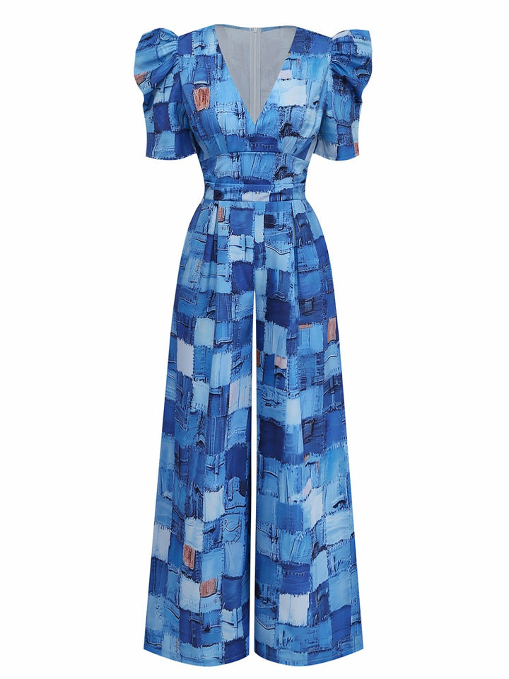 Blue 1940s Patchwork Puff-Sleeve V-Neck Jumpsuit - vintage jumpsuit, retro fashion