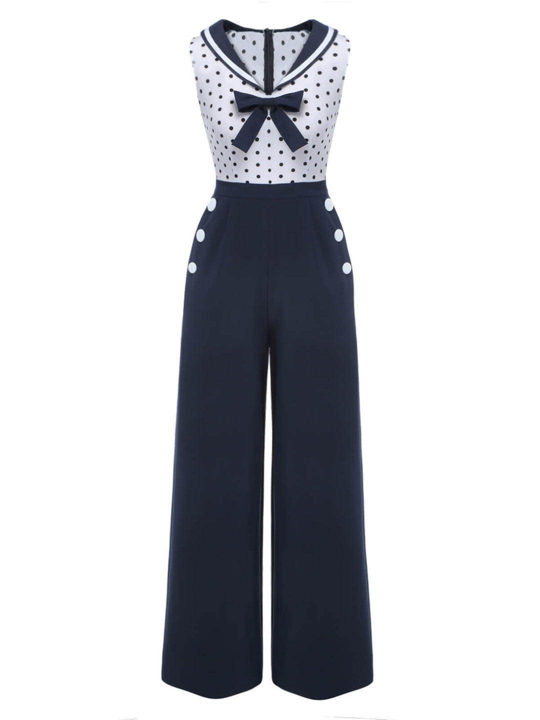 Blue 1940s Polka Dot Bow Lapel Jumpsuit, vintage romper, retro jumpsuit - perfect for women who love vintage and retro fashion