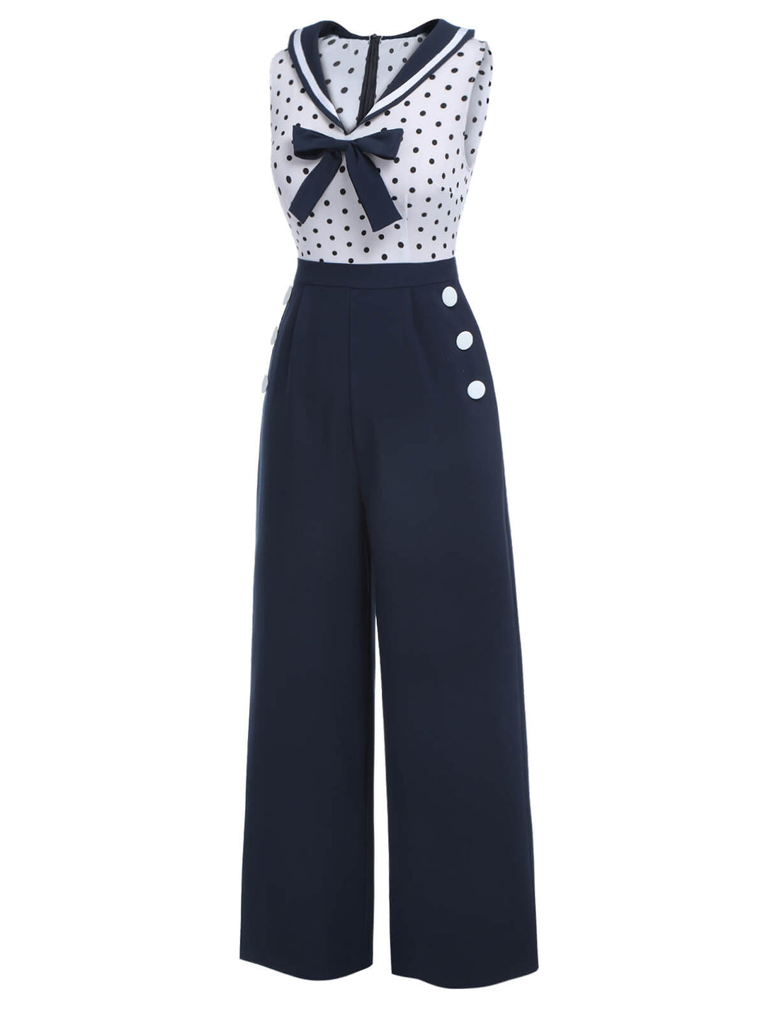 Blue 1940s Polka Dot Bow Lapel Jumpsuit, vintage romper, retro jumpsuit - perfect for women who love vintage and retro fashion