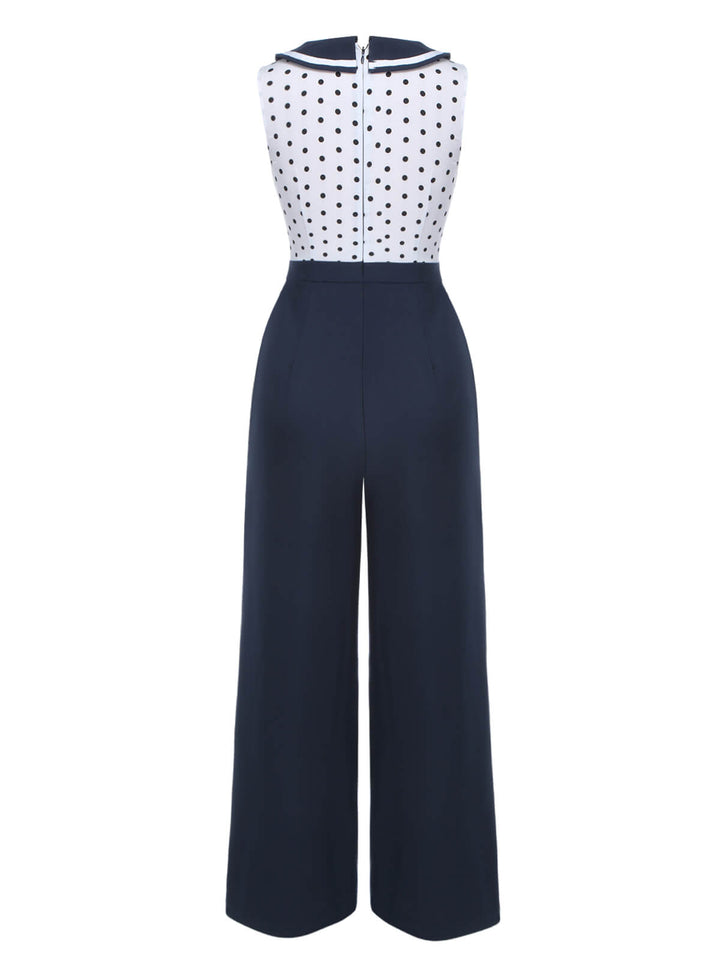 Blue 1940s Polka Dot Bow Lapel Jumpsuit, vintage romper, retro jumpsuit - perfect for women who love vintage and retro fashion