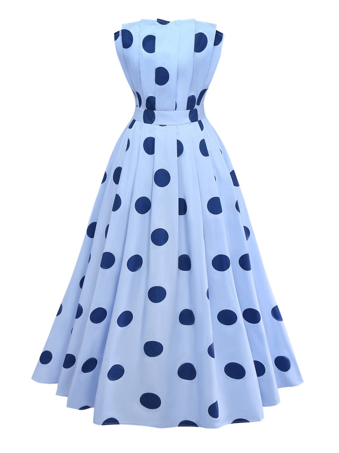 Blue 1940s Polka Dot Strapless Pleated Dress - vintage dress, retro fashion
