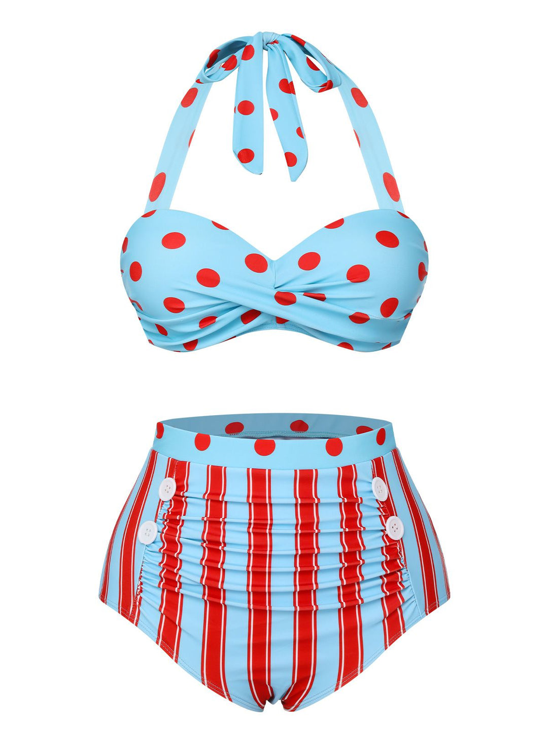 Blue 1940s Polka Dot Stripe Halter Swimsuit, vintage swimsuit, pin-up swimwear - perfect for women who love vintage and retro fashion