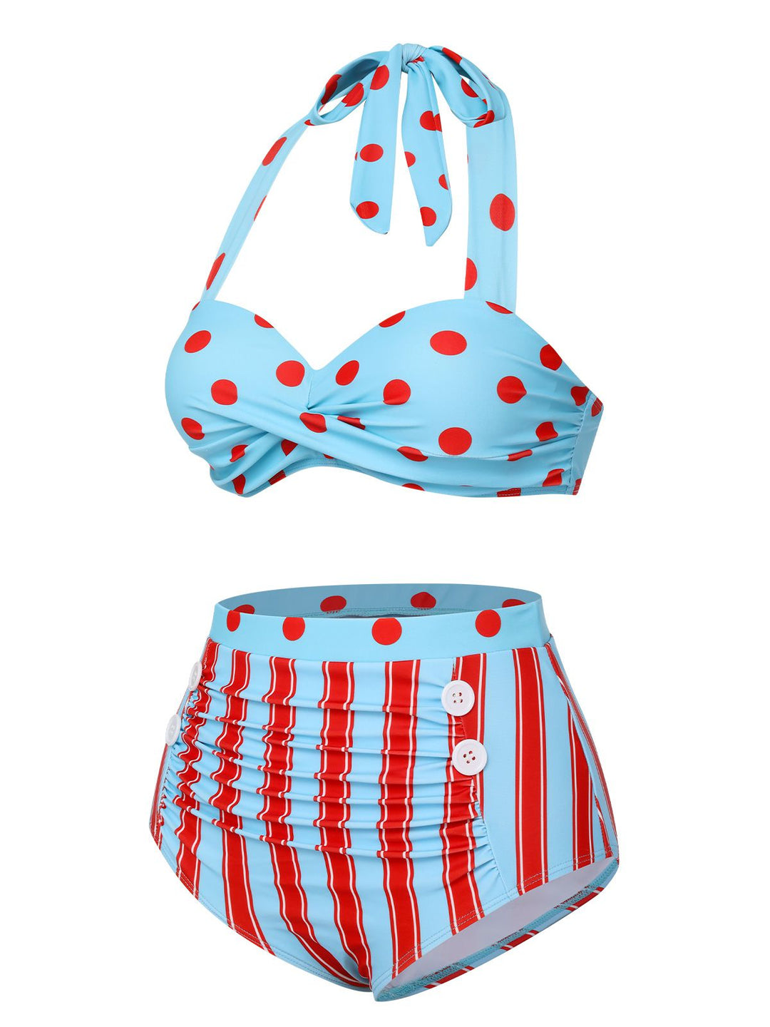 Blue 1940s Polka Dot Stripe Halter Swimsuit, vintage swimsuit, pin-up swimwear - perfect for women who love vintage and retro fashion