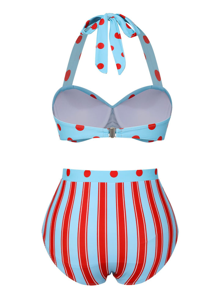 Blue 1940s Polka Dot Stripe Halter Swimsuit, vintage swimsuit, pin-up swimwear - perfect for women who love vintage and retro fashion