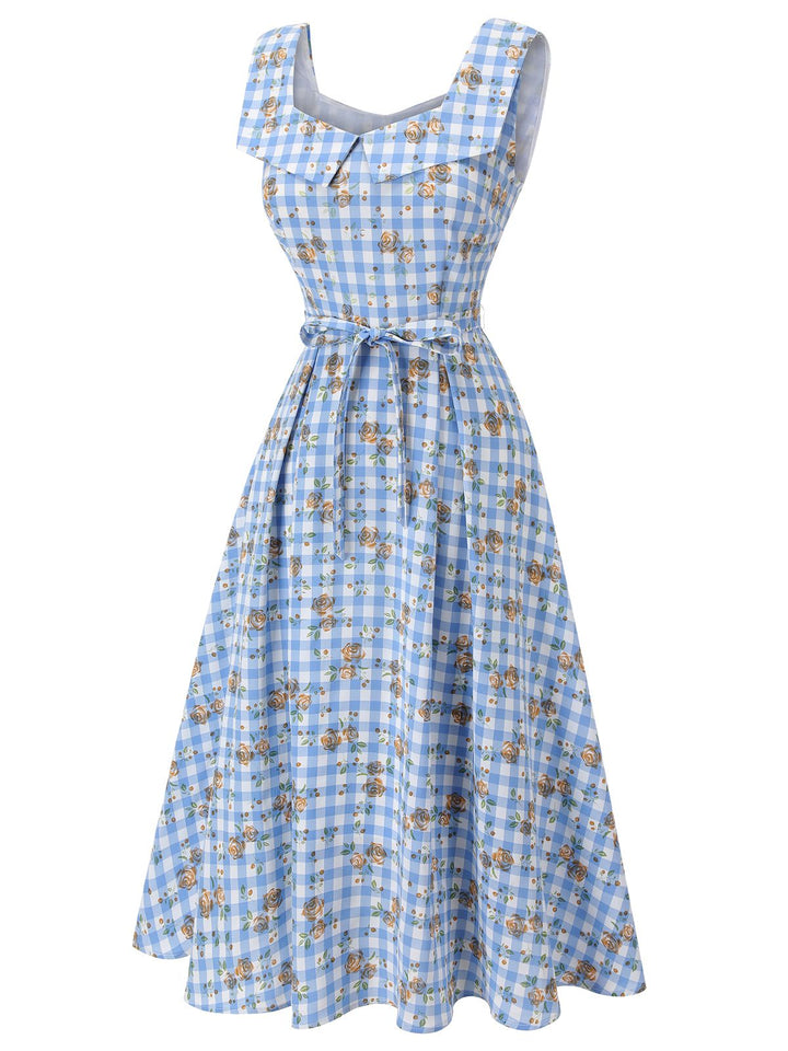 Blue 1940s Rose Gingham Lace Up Dress, vintage dress, retro fashion, lace detail - perfect for women who love vintage and retro fashion