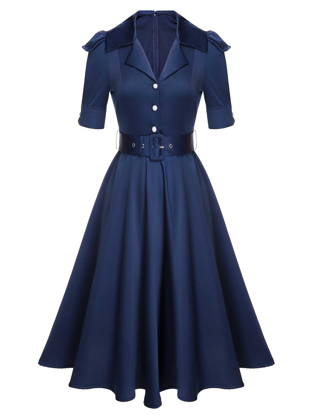 Blue 1940s Solid Short Sleeves Lapel Dress — vintage elegance for the modern woman