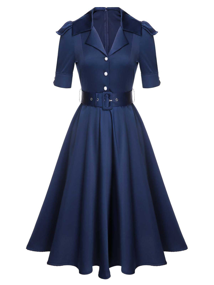 Blue 1940s Solid Short Sleeves Lapel Dress — vintage elegance for the modern woman