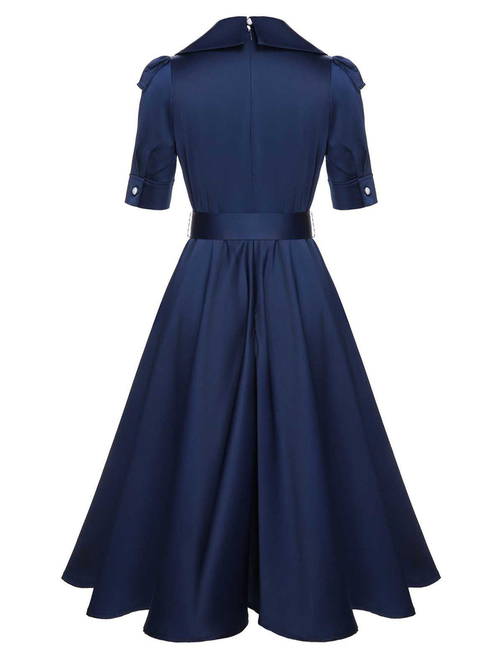Blue 1940s Solid Short Sleeves Lapel Dress — vintage elegance for the modern woman