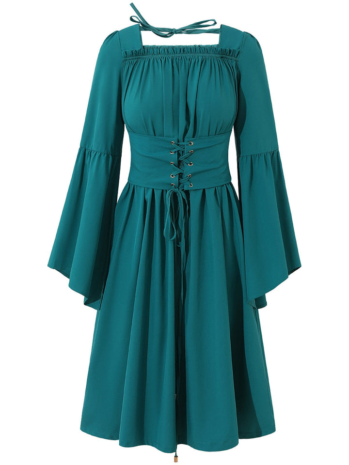 She slips into this Blue 1940s Square Neck Lace-Up Ruched Dress and suddenly it&