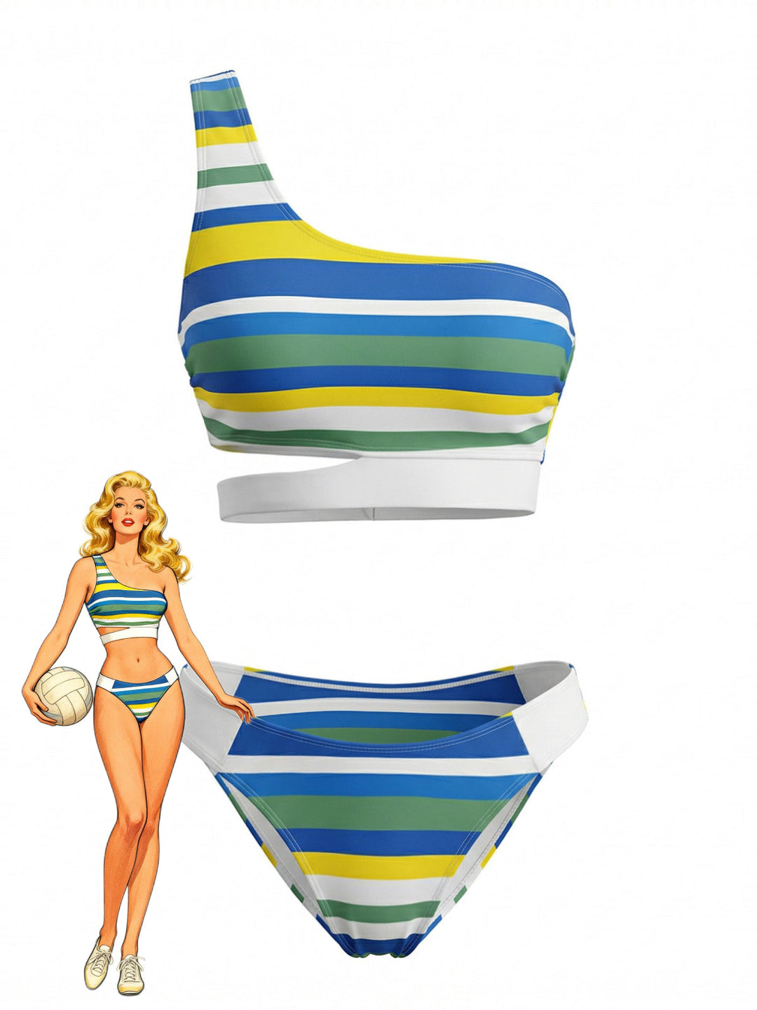 Blue Stripe One-Shoulder Cutout Bikini Set - vintage swimsuit, swimwear for vintage lovers