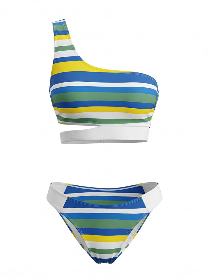 Blue Stripe One-Shoulder Cutout Bikini Set - vintage swimsuit, swimwear for vintage lovers