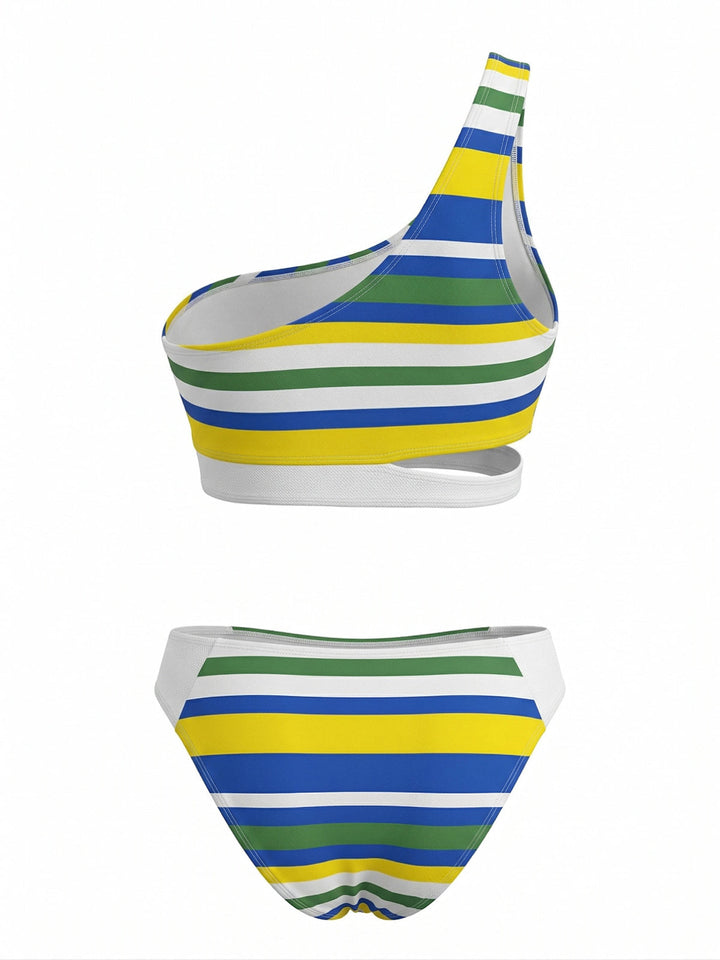 Blue Stripe One-Shoulder Cutout Bikini Set - vintage swimsuit, swimwear for vintage lovers