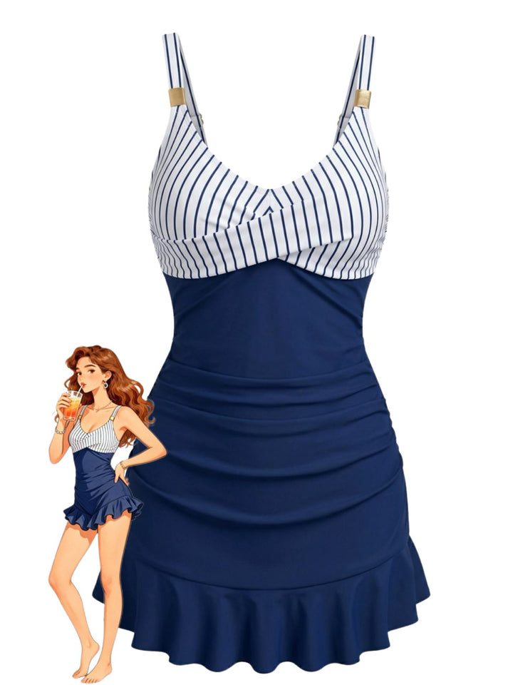 Blue Striped Ruched Tummy-Control Swimsuit - vintage swimsuit, swimwear for vintage lovers