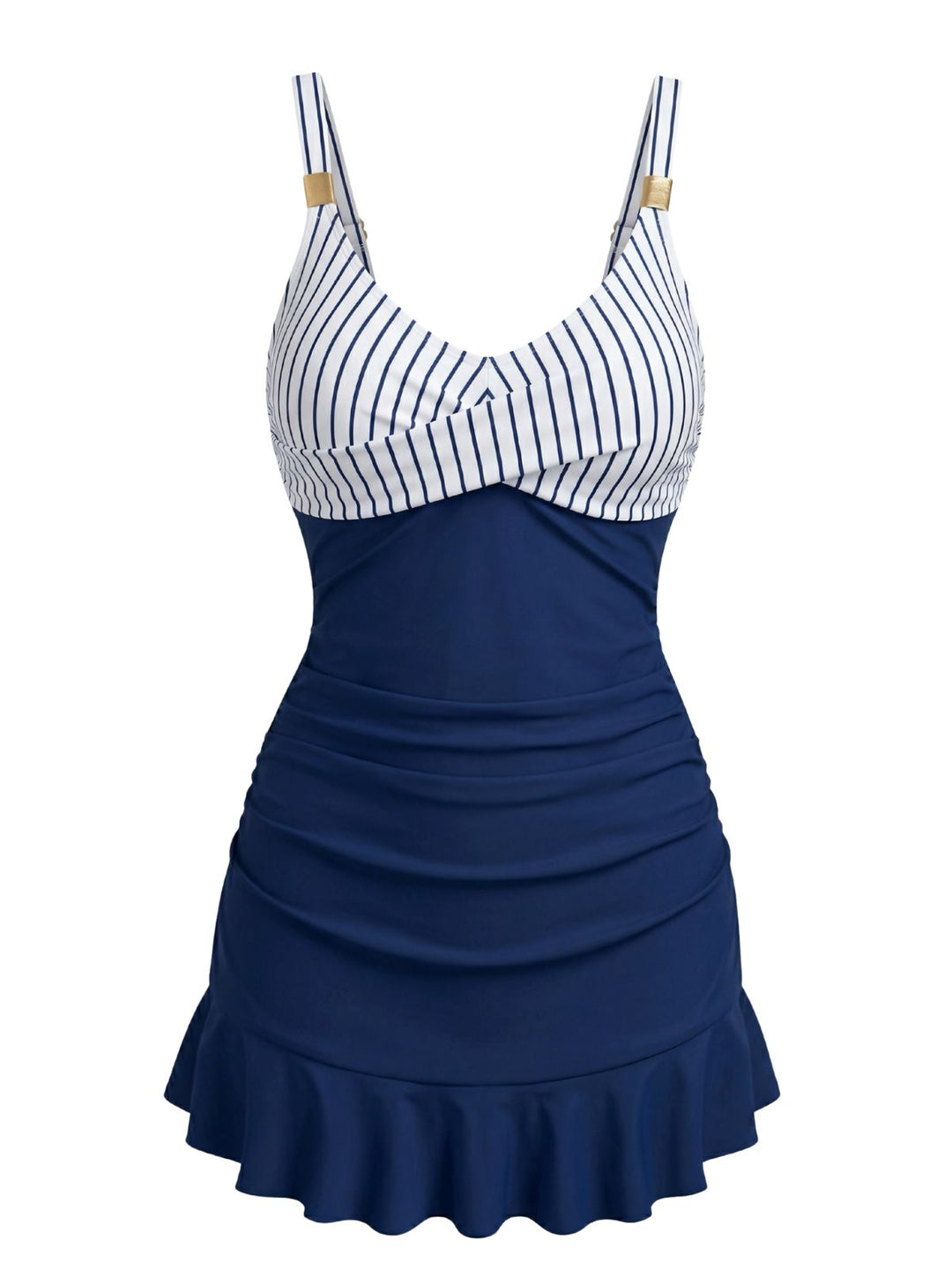 Blue Striped Ruched Tummy-Control Swimsuit - vintage swimsuit, swimwear for vintage lovers