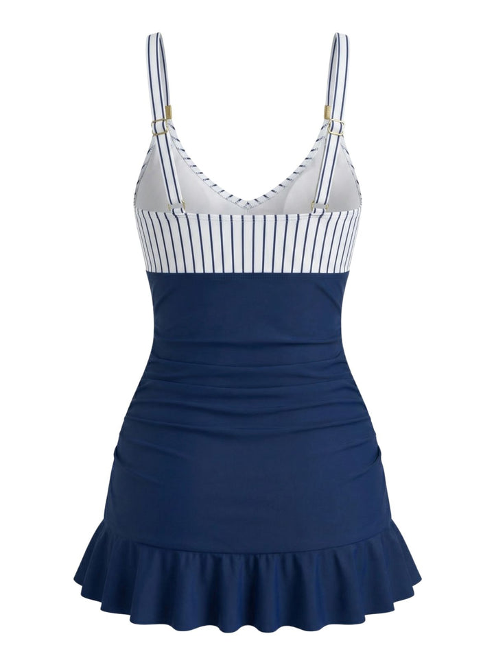 Blue Striped Ruched Tummy-Control Swimsuit - vintage swimsuit, swimwear for vintage lovers