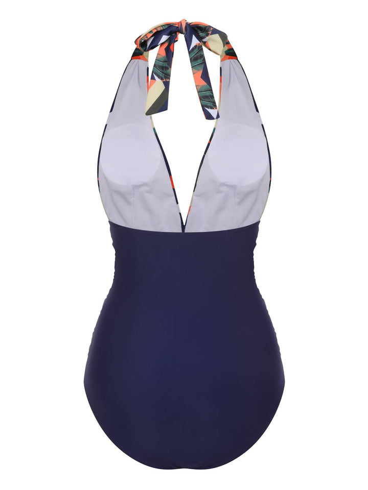 Blue 1940s Tropical Deep-V Halter Swimsuit, vintage swimsuit, pin-up swimwear - perfect for women who love vintage and retro fashion