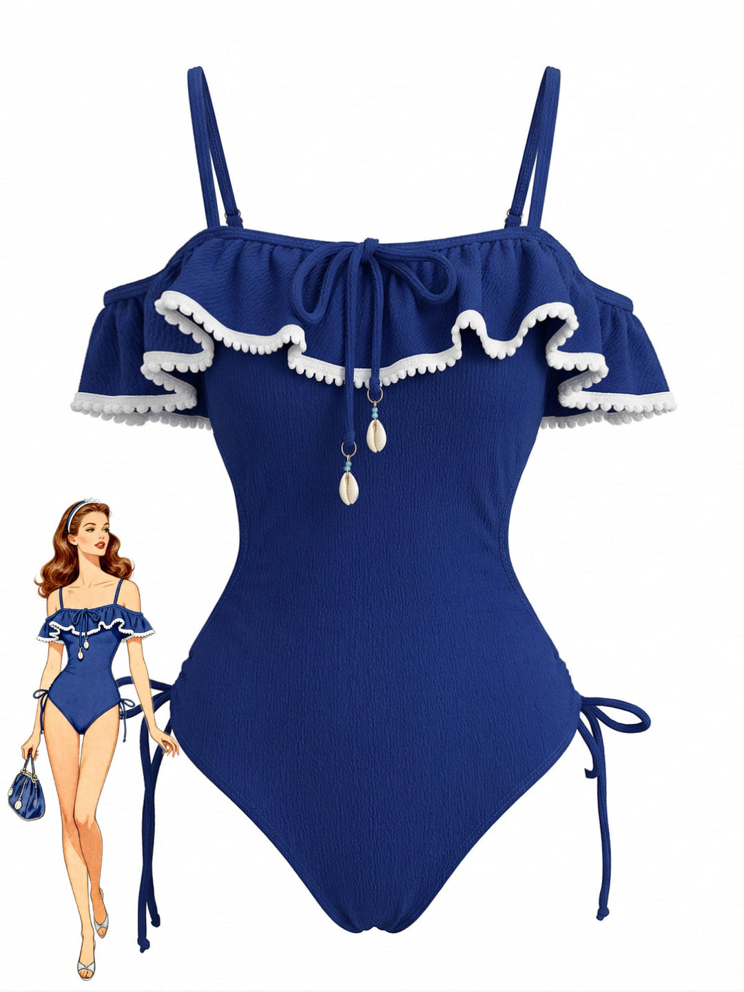 Blue Seashell Pendant Ruffle One-Piece Swimsuit - vintage swimsuit, swimwear for vintage lovers