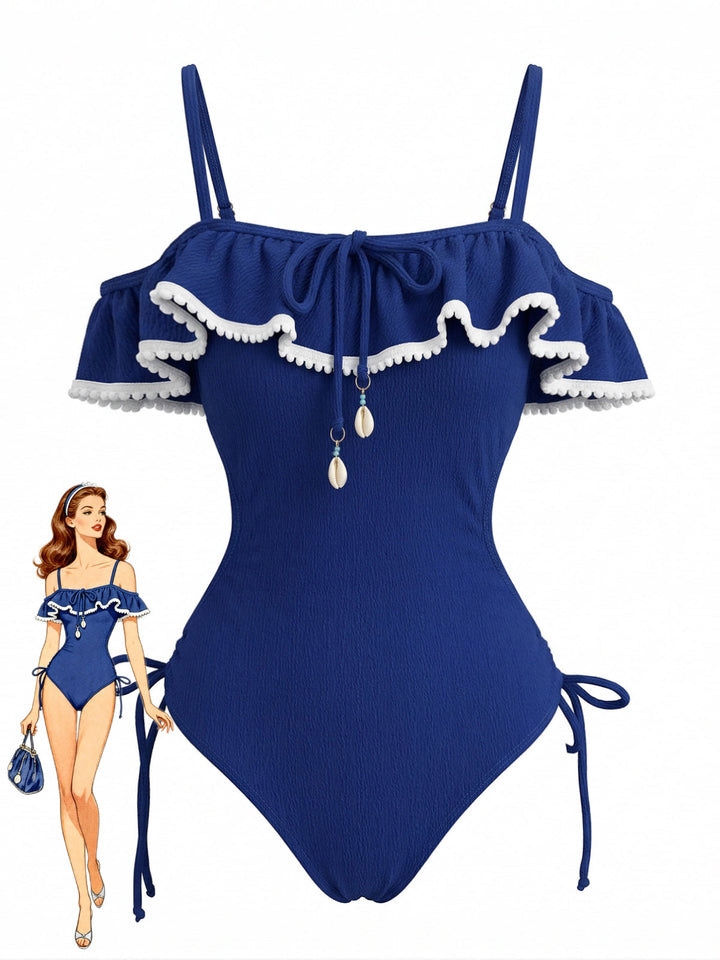 Blue Seashell Pendant Ruffle One-Piece Swimsuit - vintage swimsuit, swimwear for vintage lovers