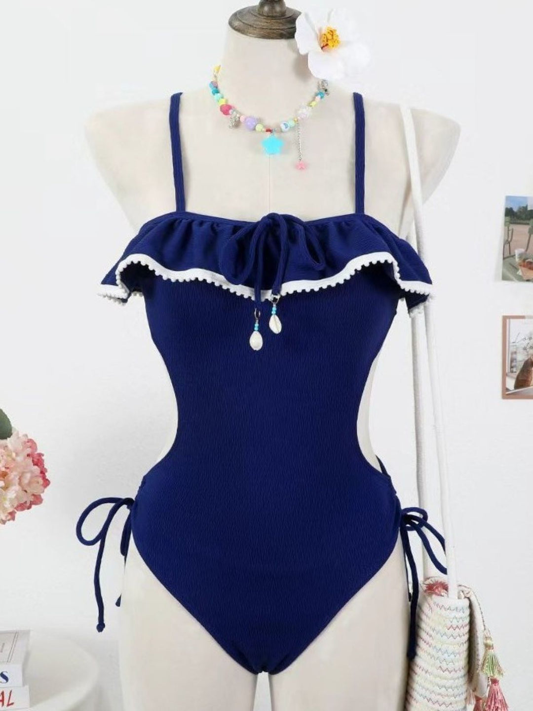 Blue Seashell Pendant Ruffle One-Piece Swimsuit - vintage swimsuit, swimwear for vintage lovers