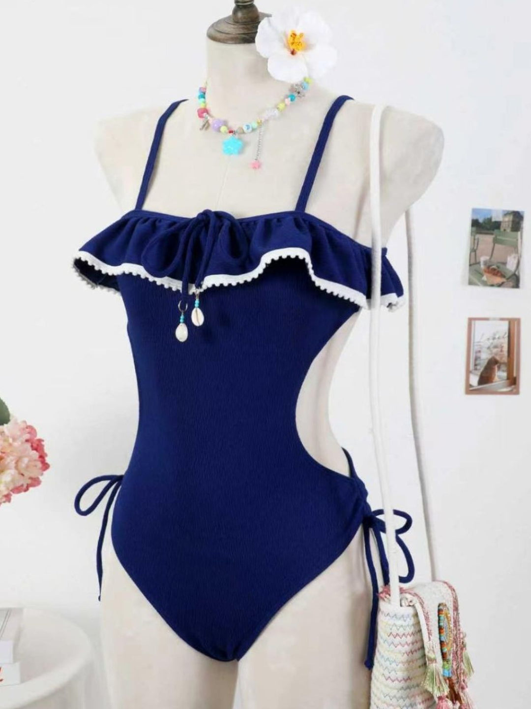Blue Seashell Pendant Ruffle One-Piece Swimsuit - vintage swimsuit, swimwear for vintage lovers