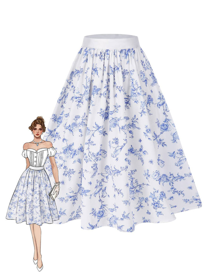 Blue 1950s Blue &amp; White Porcelain Floral Skirt - vintage skirt, retro style, pure white