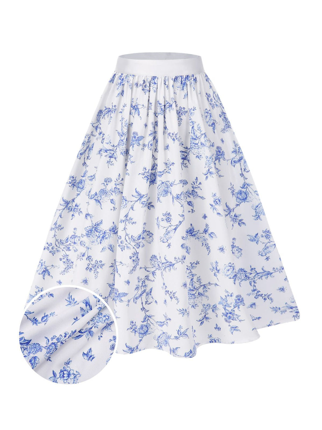 Blue 1950s Blue &amp; White Porcelain Floral Skirt - vintage skirt, retro style, pure white