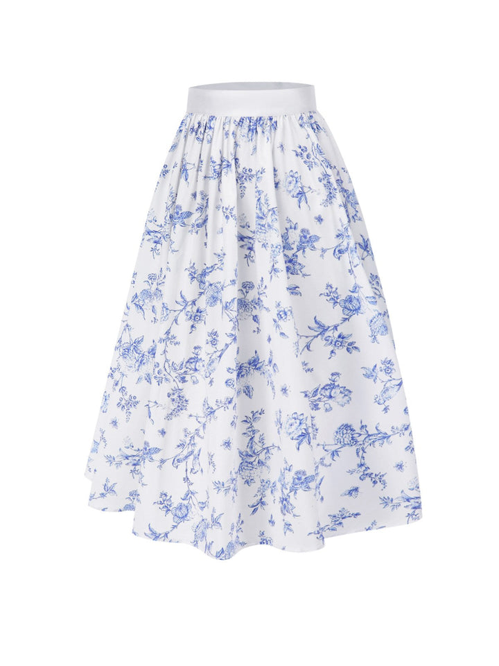 Blue 1950s Blue &amp; White Porcelain Floral Skirt - vintage skirt, retro style, pure white