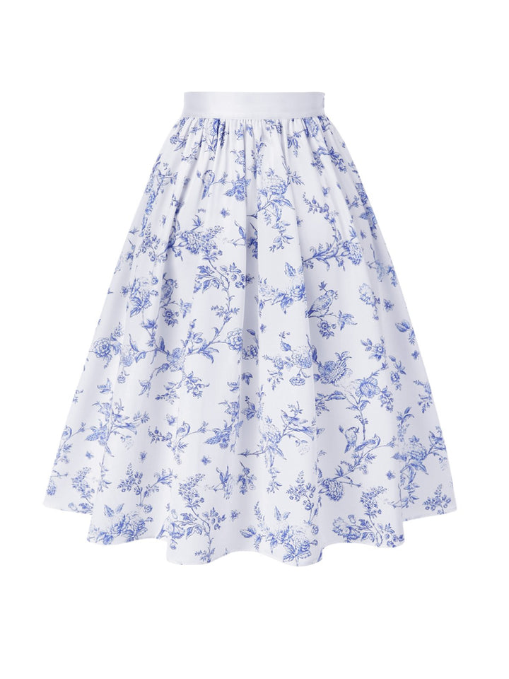 Blue 1950s Blue &amp; White Porcelain Floral Skirt - vintage skirt, retro style, pure white