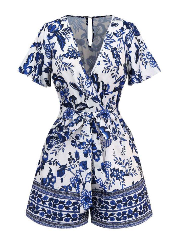 Blue 1950s Blue-White-Porcelain Floral Belted Romper - vintage jumpsuit, retro fashion, pure white
