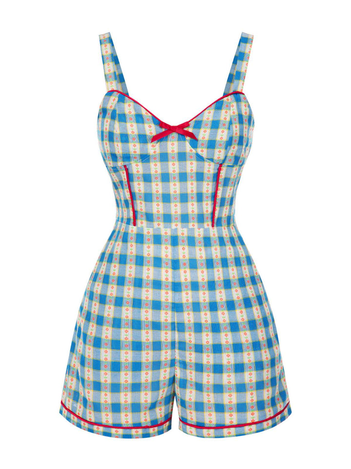 Blue 1950s Bow Gingham Plaid Floral Romper - vintage jumpsuit, retro fashion