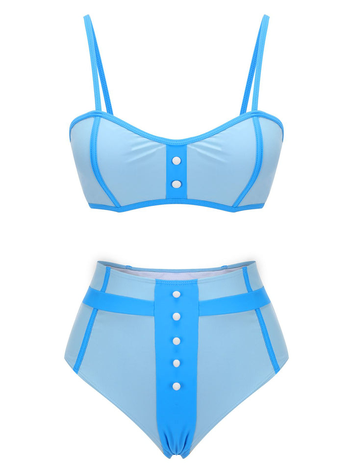 Blue 1950s Button Patchwork Swimsuit, vintage swimsuit, pin-up swimwear - perfect for women who love vintage and retro fashion