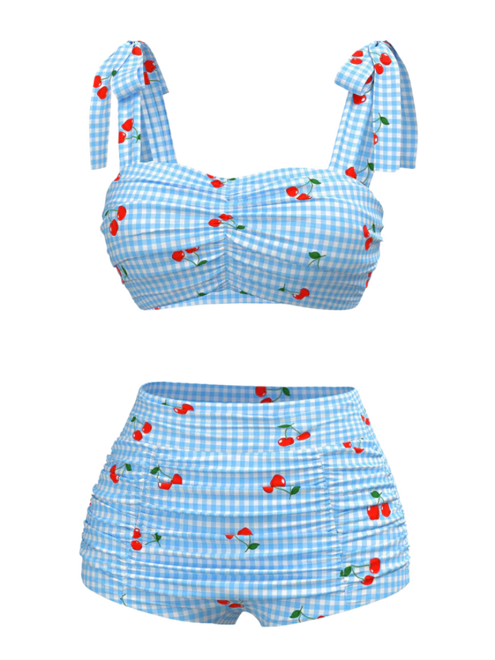 Blue 1950s Cherry Plaid Lace-up Swimsuit: 1950s Riviera elegance, reimagined for her