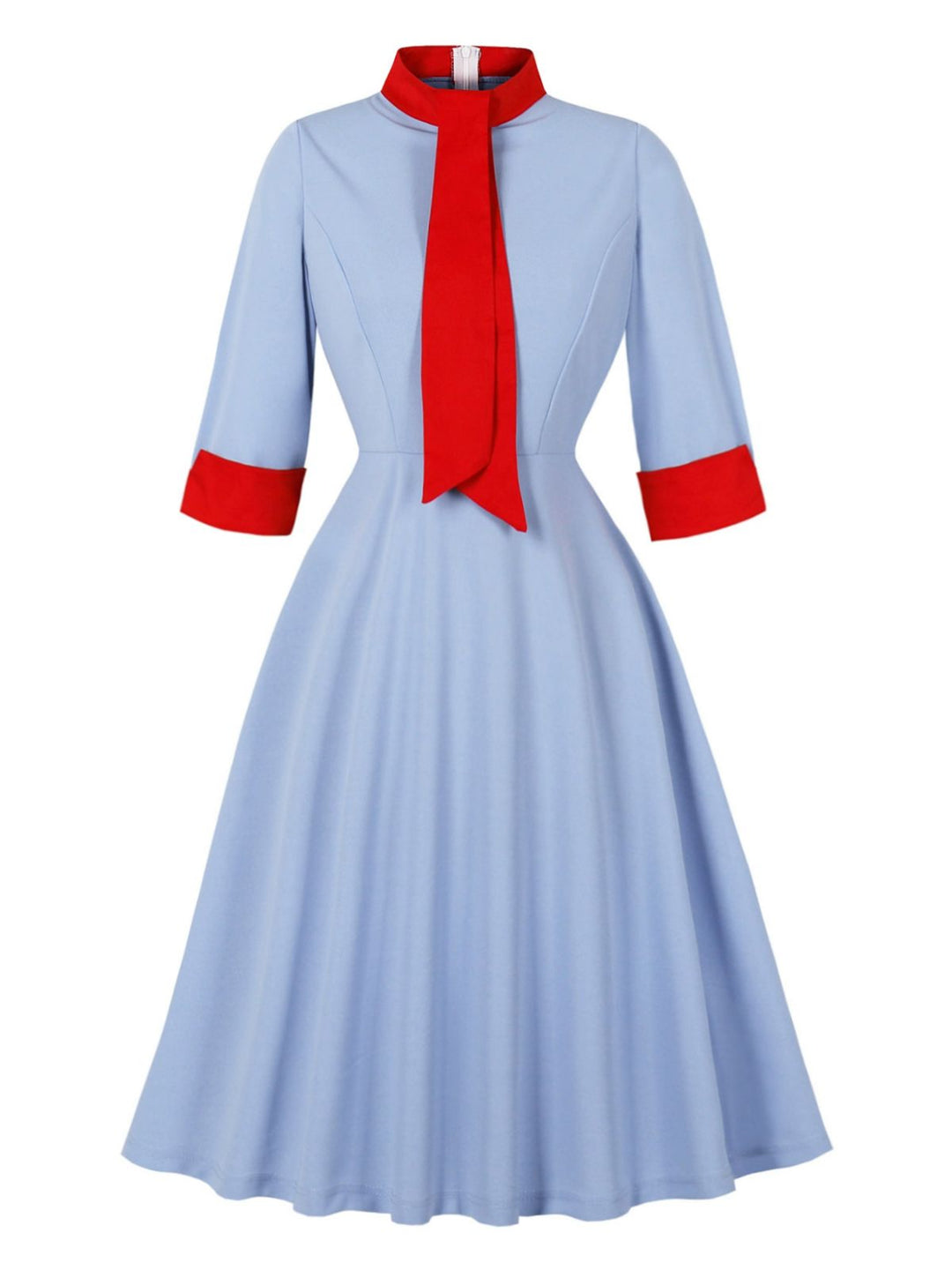 Blue 1950s Contrast Tie-Neck High Collar Dress - vintage dress, retro fashion, rockabilly