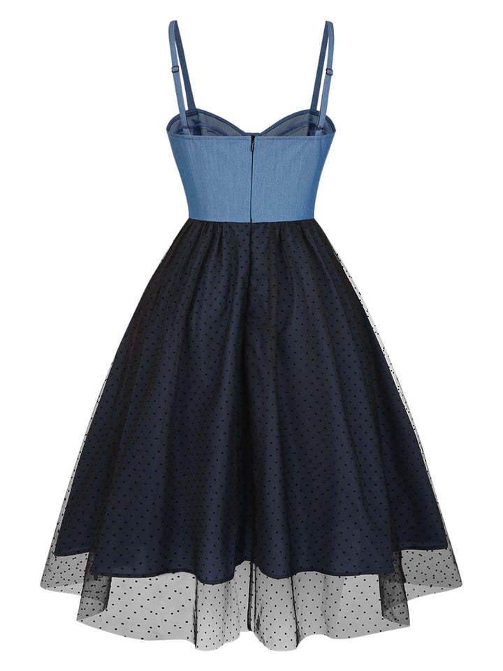 Blue 1950s Denim Polka Dot Mesh Patchwork Dress, vintage dress, retro fashion, rockabilly, pin-up fashion - perfect for women who love vintage and retro fashion