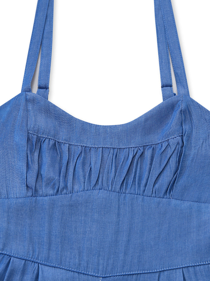 Blue 1950s Denim Spaghetti Strap Ruched Jumpsuit - vintage romper, retro jumpsuit for vintage lovers