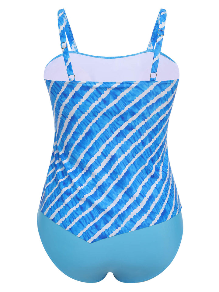 This Blue 1950s Diagonal Stripe Swimsuit carries 1950s vacation dreams in every stitch