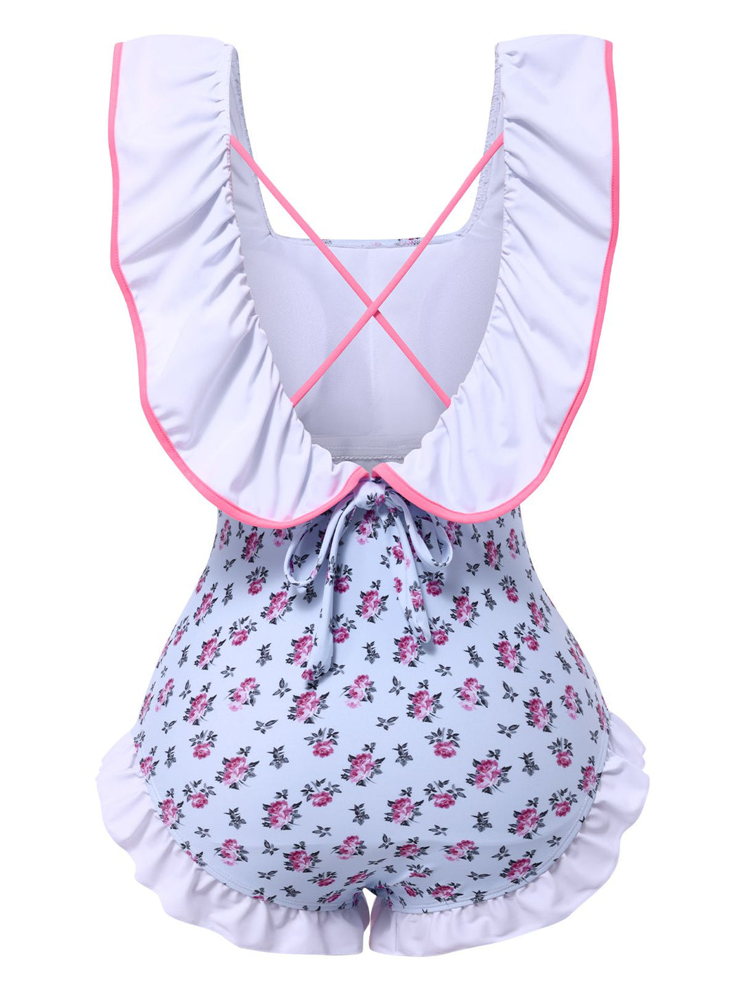 Blue 1950s Ditsy Floral Bow Ruffled Swimsuit, vintage swimsuit, pin-up swimwear - perfect for women who love vintage and retro fashion