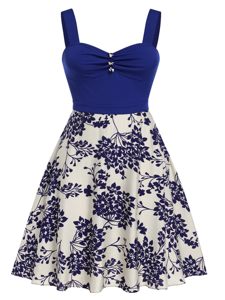 Blue 1950s Floral Button Sweetheart Neck Dress - vintage dress, retro fashion, rockabilly