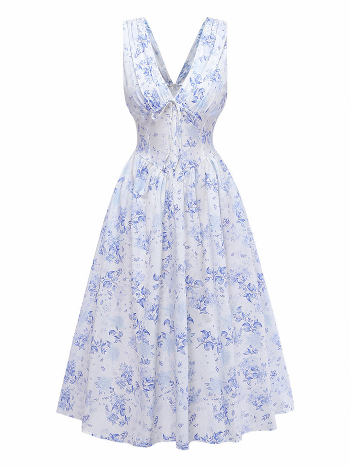 Blue 1950s Floral Deep V Sleeveless Corset Midi Dress: beautiful vintage dress, retro fashion, elegant style with timeless appeal