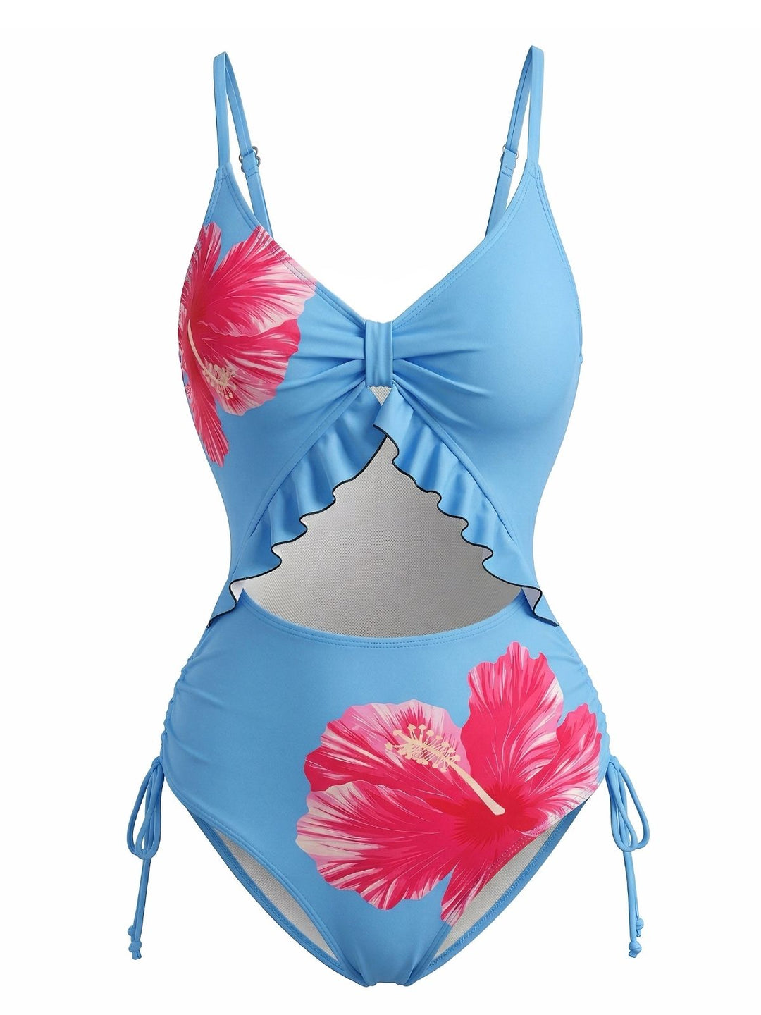Blue--Floral-Print-Cutout-Ruffle-One-Piece-Swimsuit, vintage, retro, swimwear