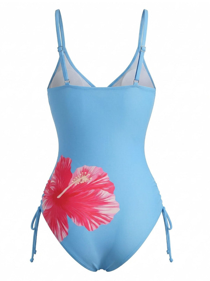 Blue--Floral-Print-Cutout-Ruffle-One-Piece-Swimsuit, vintage, retro, swimwear
