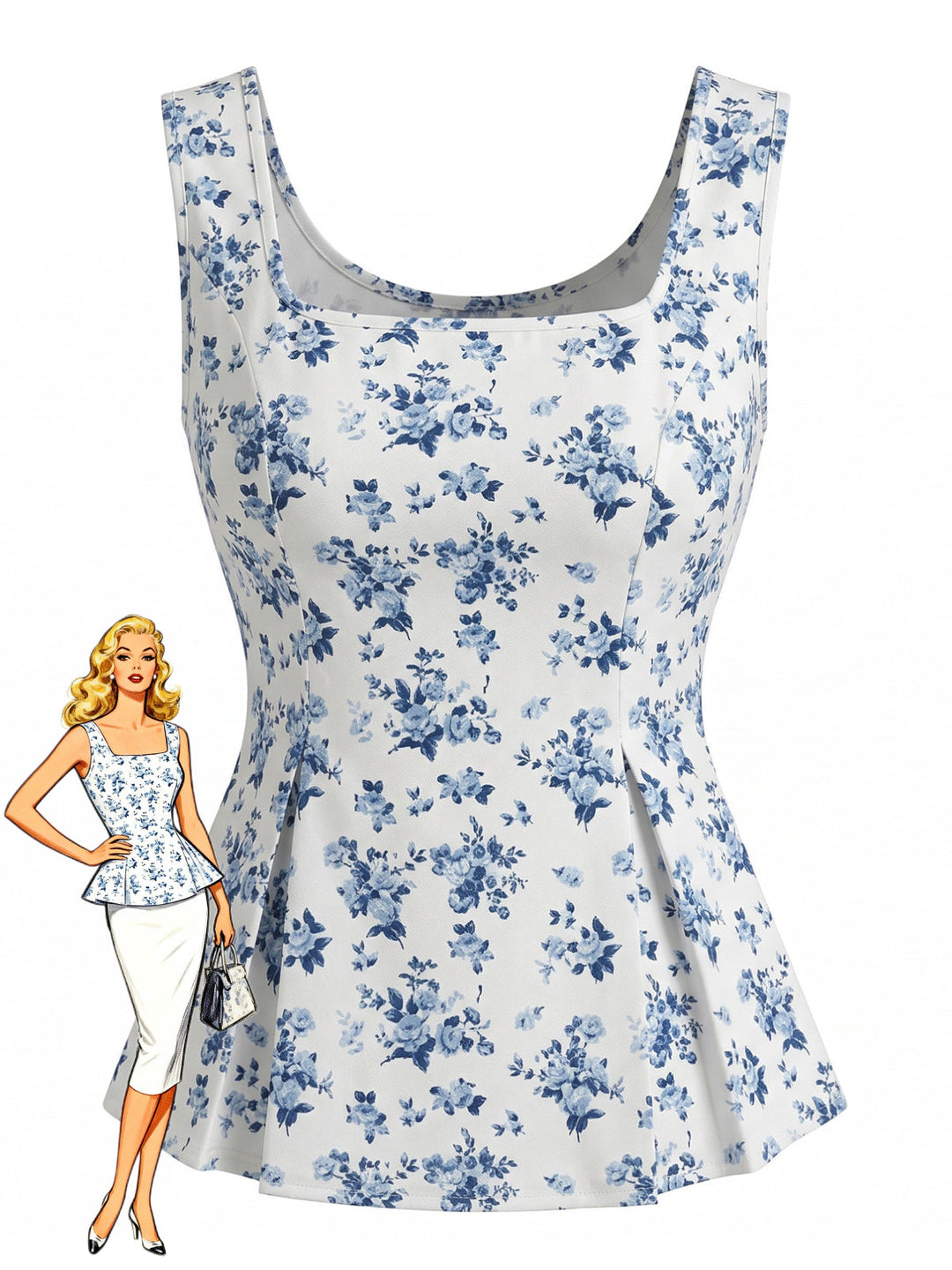 Blue 1980s Floral Square Neck Top