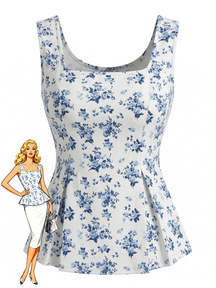 Blue 1980s Floral Square Neck Top