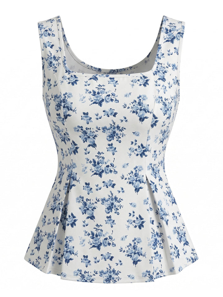 Blue 1980s Floral Square Neck Top 3