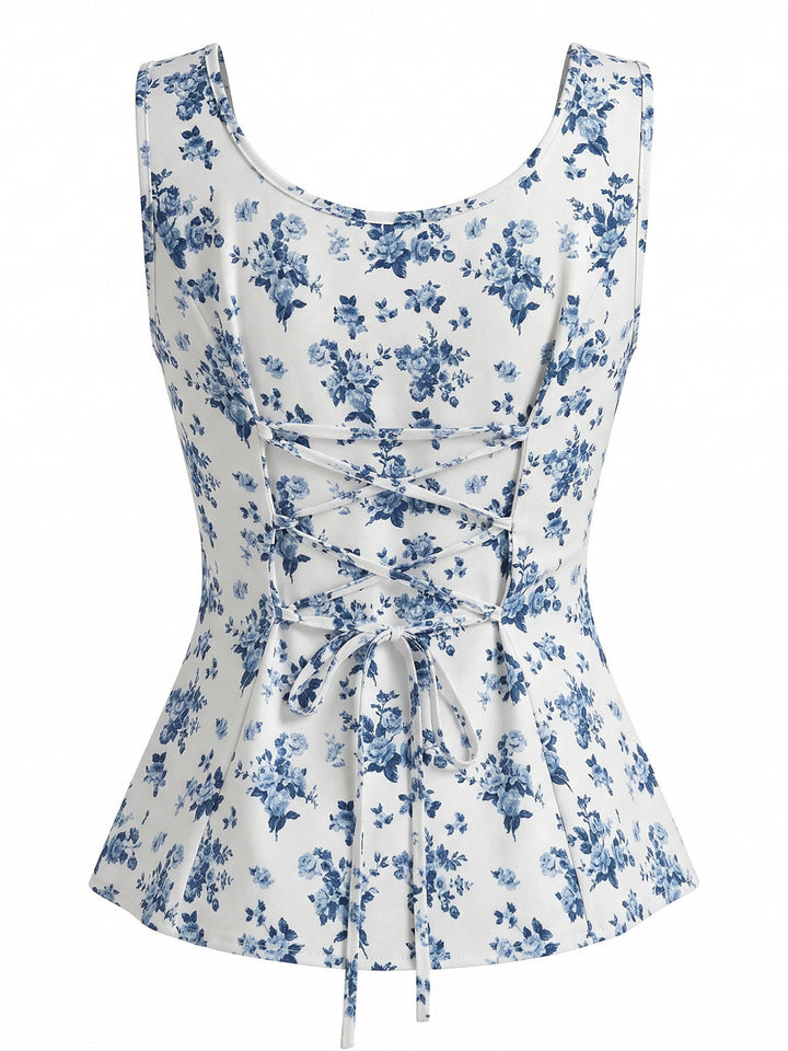 Blue 1980s Floral Square Neck Top 2