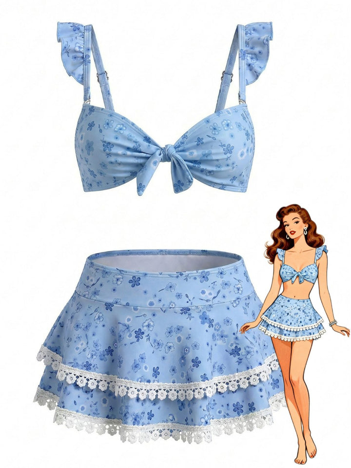 Blue Floral Ruffle Strap Lace-Trim Bikini Set - vintage swimsuit, swimwear for vintage lovers